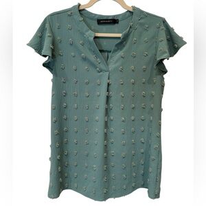 NWOT MEROKEETY Aqua Top w/ Flutter Sleeve Top & Puff Balls of Thread